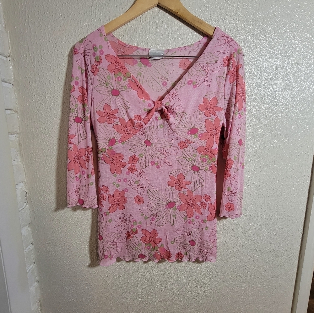 90s y2k Fashion Bug Floral Mesh Empire Waist Babydoll Top sz M/L Pink Green